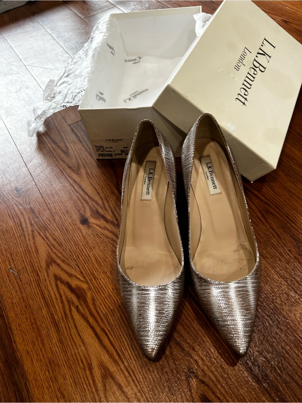 LK Bennett Metallic Silver Pointed Pumps with Textured Shine